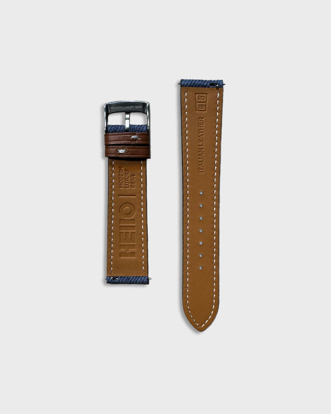 Indigo Denim__Blue denim Italian Leather watch strap with brown leather keepers 18mm, 20mm, 22mm