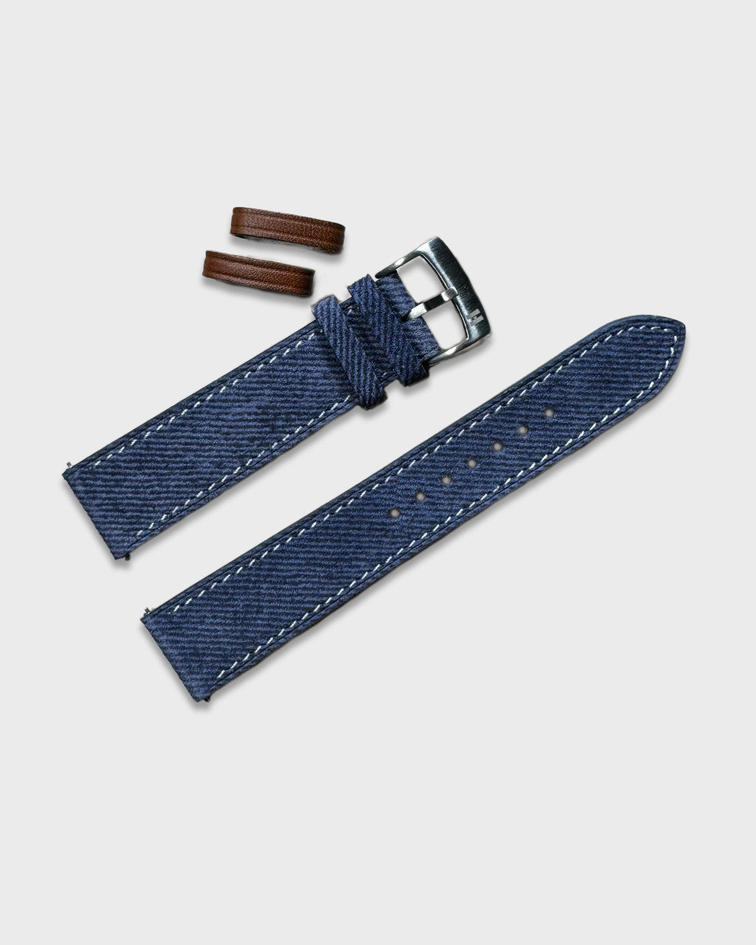 Indigo Denim__Blue denim Italian Leather watch strap with brown leather keepers 18mm, 20mm, 22mm