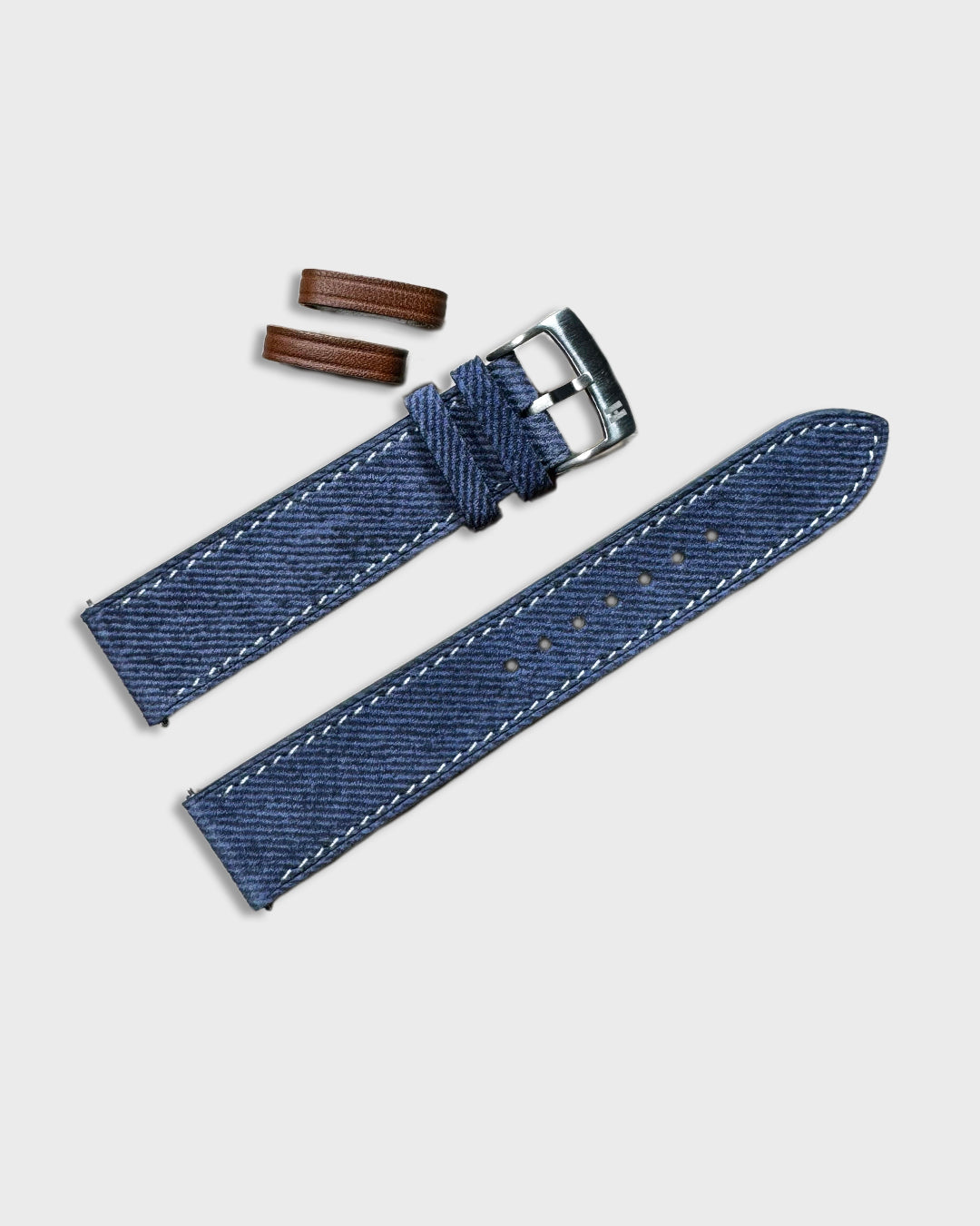 Indigo Denim__Blue denim Italian Leather watch strap with brown leather keepers 18mm, 20mm, 22mm