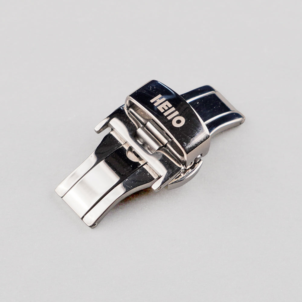 Silver Polished__Butterfly deployant clasp in polished silver stainless steel for leather watch straps — HEllO, view 1