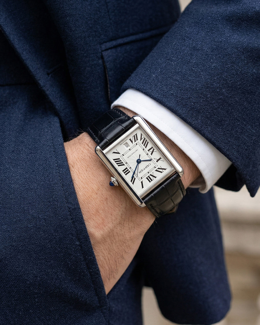 Tuxedo__Black croc printed italian Leather watch strap for Cartier Tank Watches