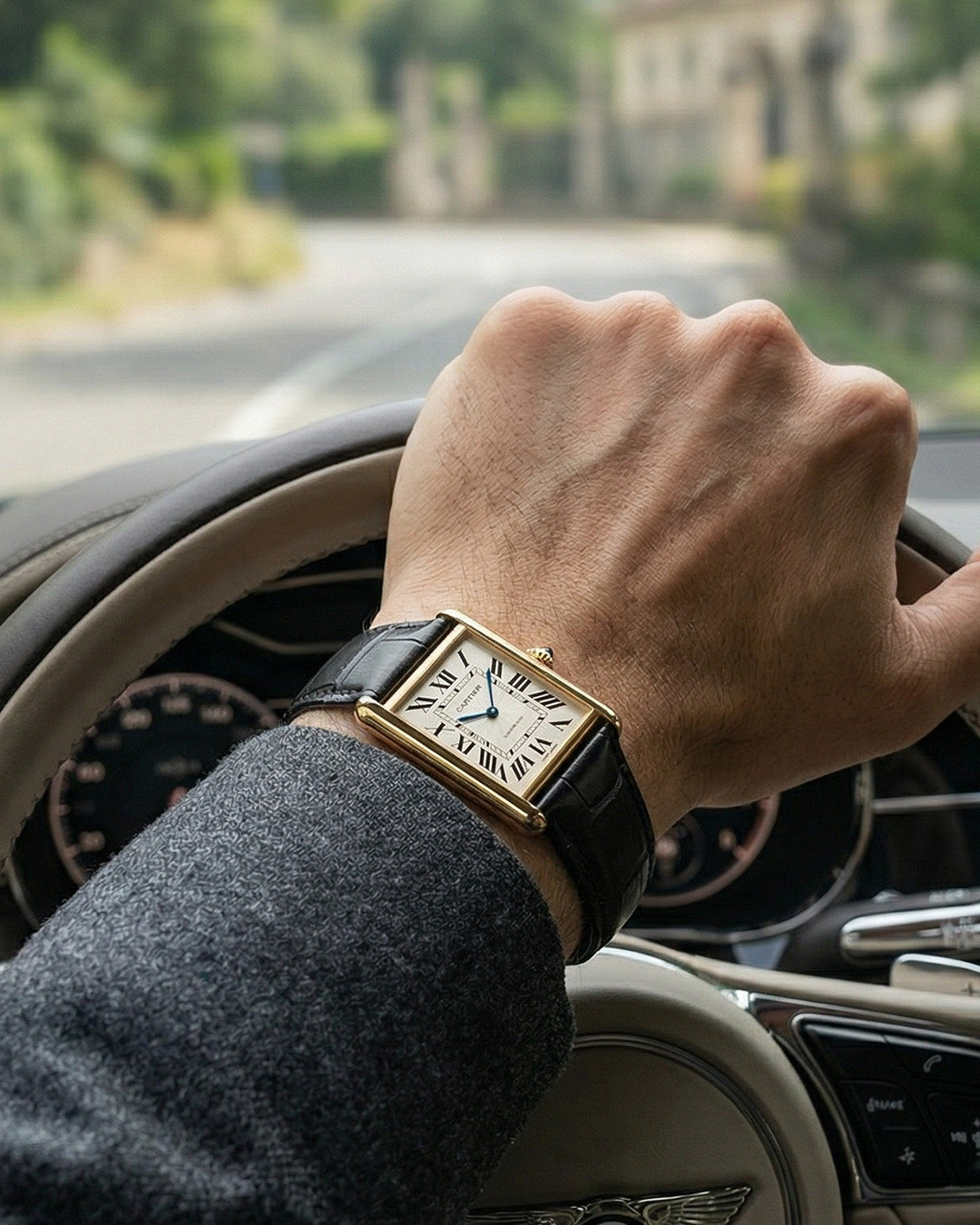 Tuxedo__Black croc printed italian Leather watch strap for Cartier Tank Watches in Golden case