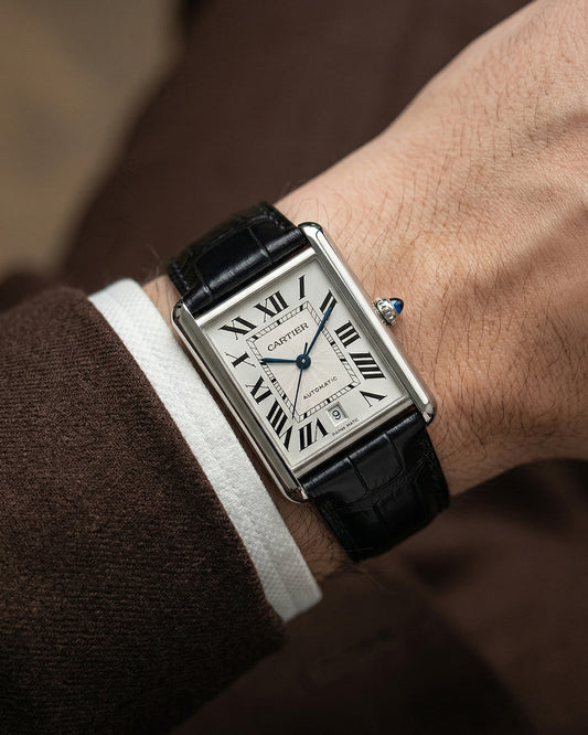 Tuxedo__Black croc printed italian Leather watch strap for Cartier Tank Watches