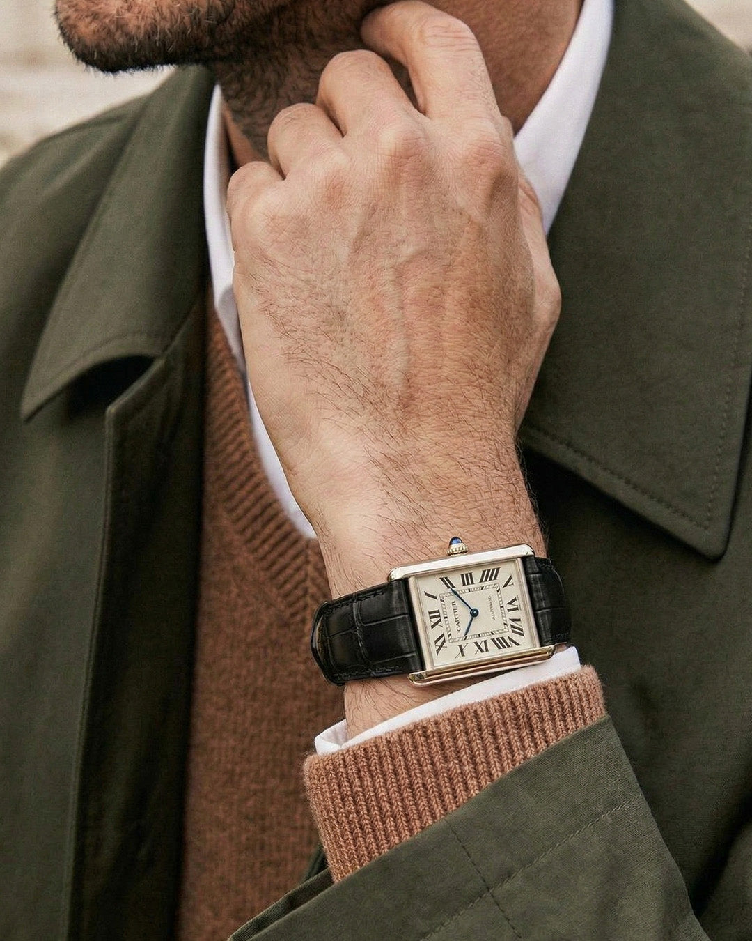 Tuxedo__Black croc printed italian Leather watch strap for Cartier Tank Watches in Golden case