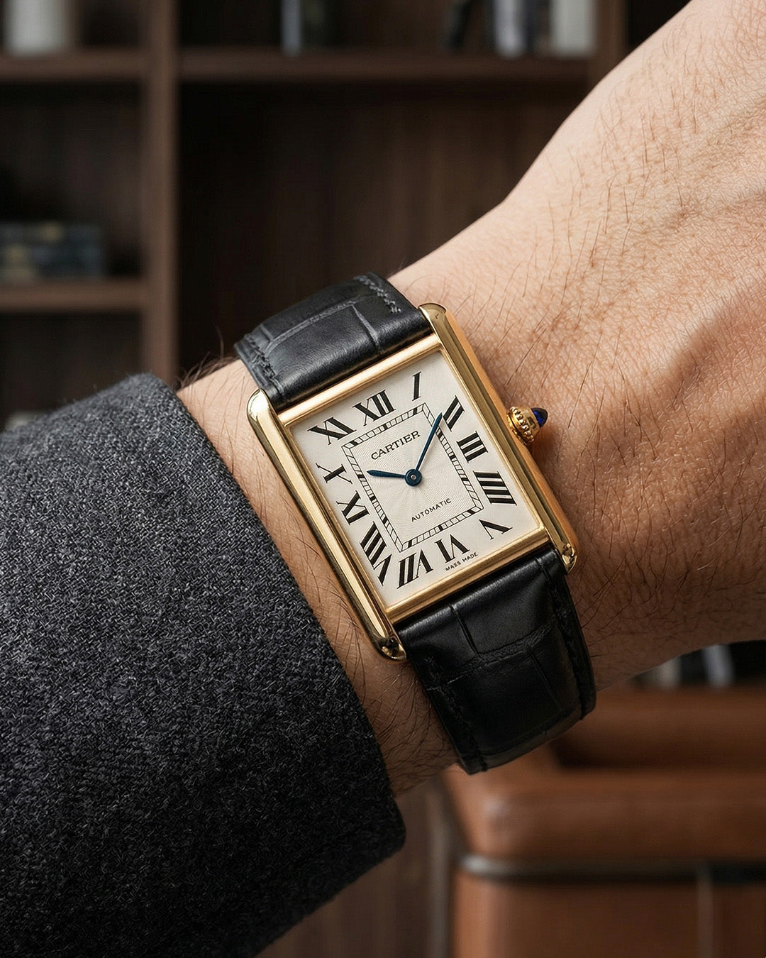 Tuxedo__Black croc printed italian Leather watch strap for Cartier Tank Watches in Golden case
