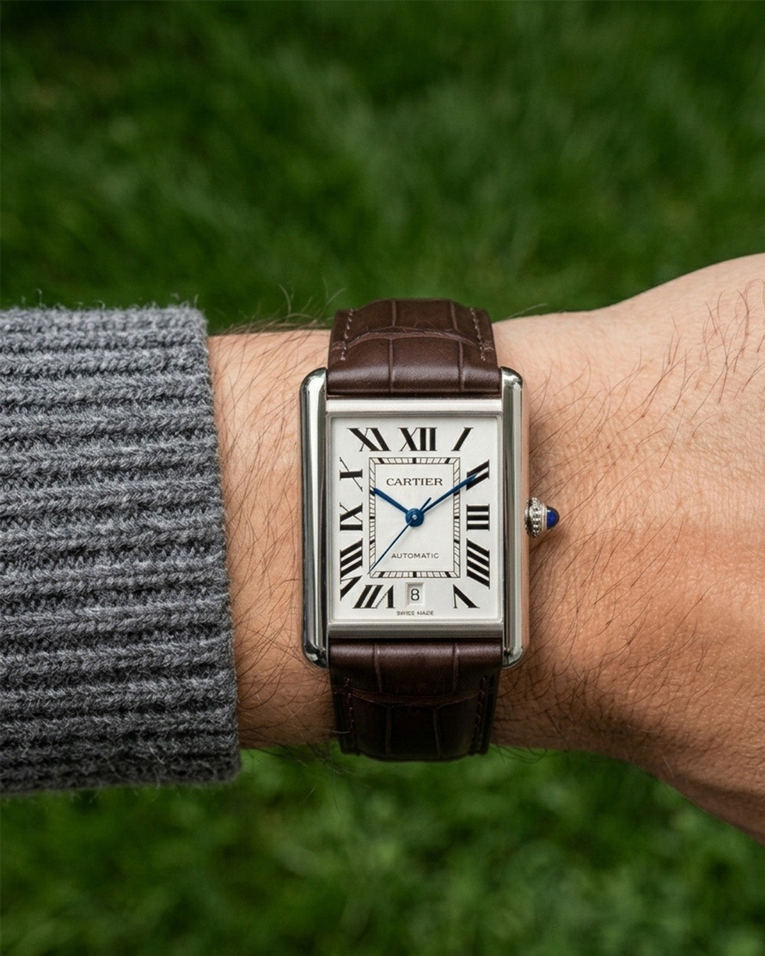 Espresso__croc printed italian Leather watch strap For CARTIER TANK watches in brown colour