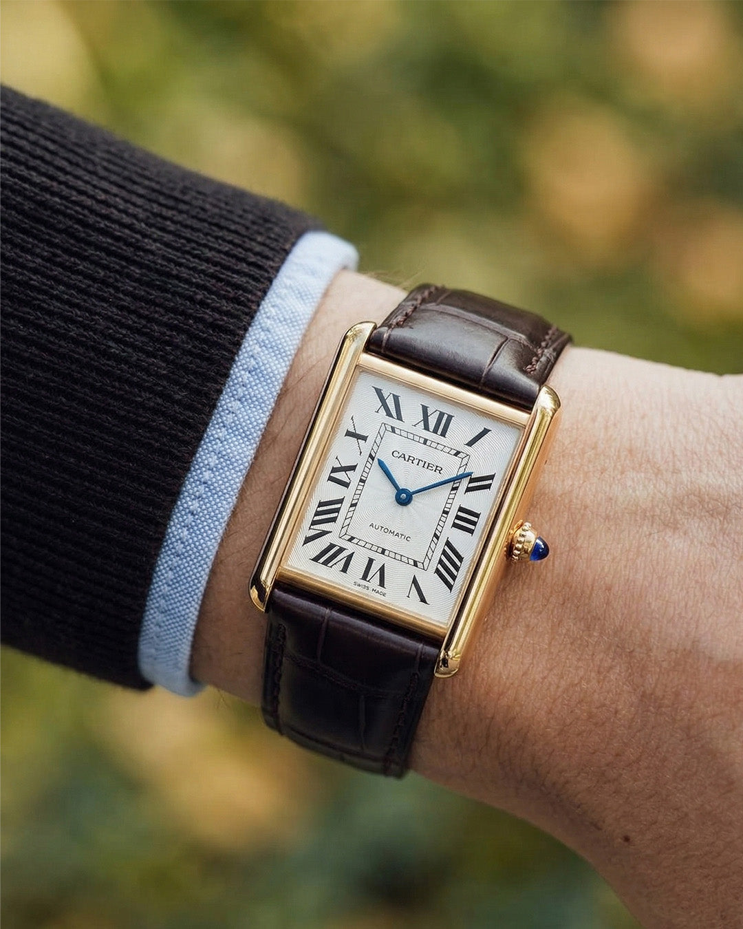 Espresso__croc printed italian Leather watch strap For CARTIER TANK watches in brown colour