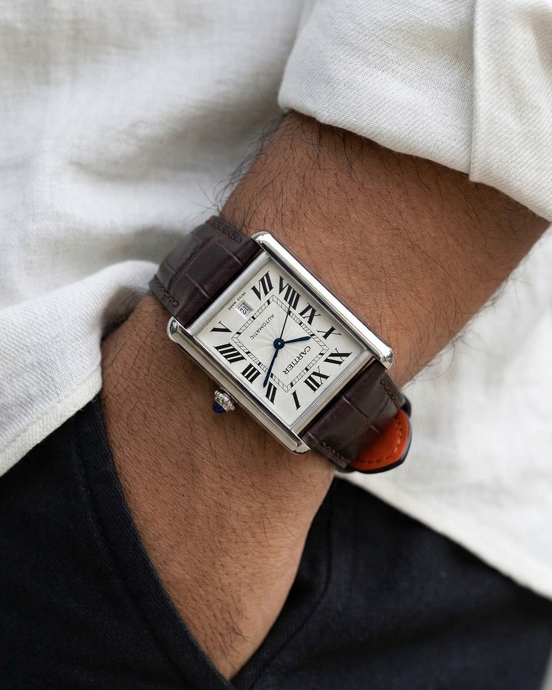 Espresso__croc printed italian Leather watch strap For CARTIER TANK watches in brown colour