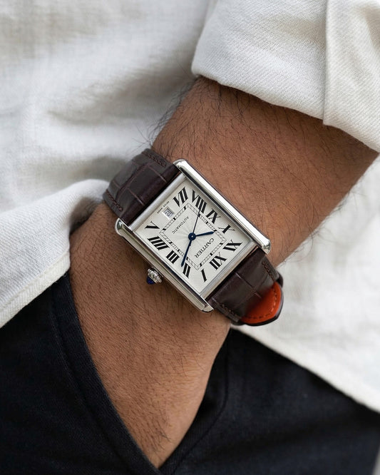 Espresso__croc printed italian Leather watch strap For CARTIER TANK watches in brown colour