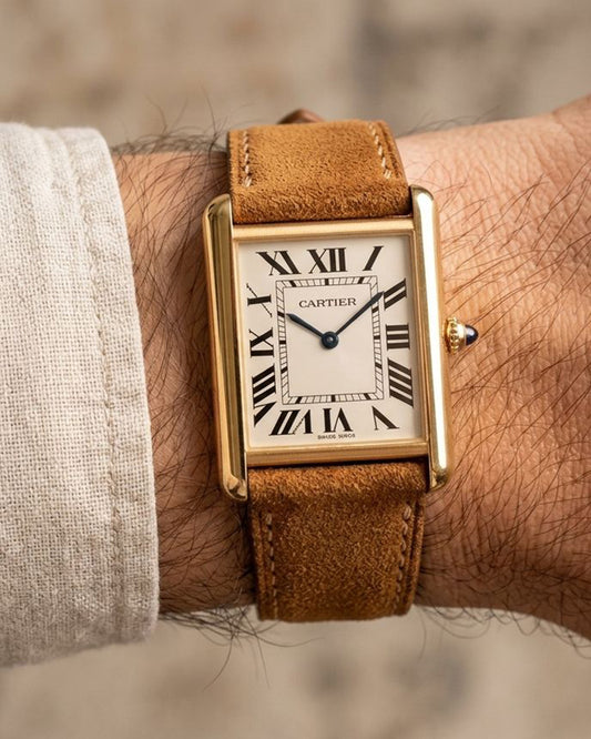 Dusky Dune__Cartier Tank Gold Suede Italian Leather Watch Strap in 18mm, 19mm, 20mm, 21mm, 22mm
