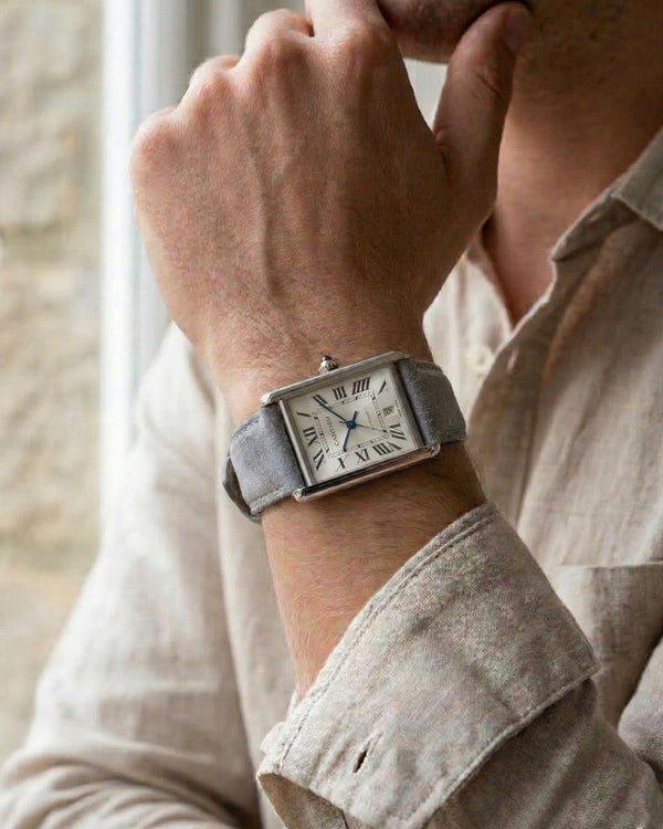 Monsoon Sky__20mm Suede Leather Watch Strap in grey colour for Cartier Tank watch