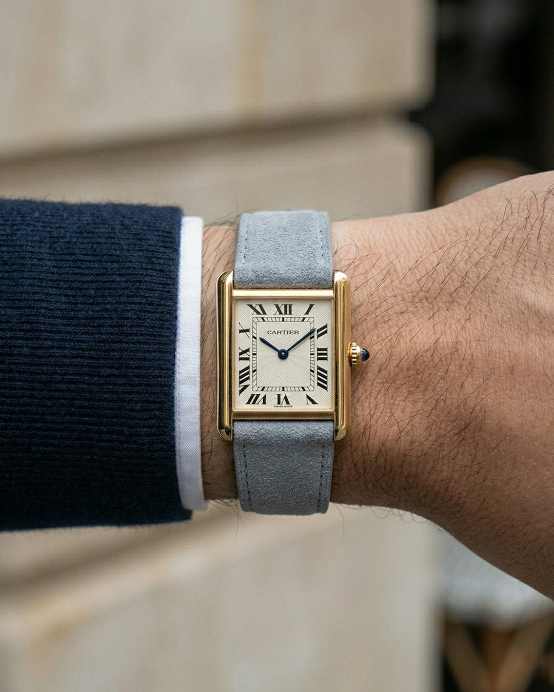 Monsoon Sky__20mm Suede Leather Watch Strap in grey colour for Cartier Tank Solo watch in Gold