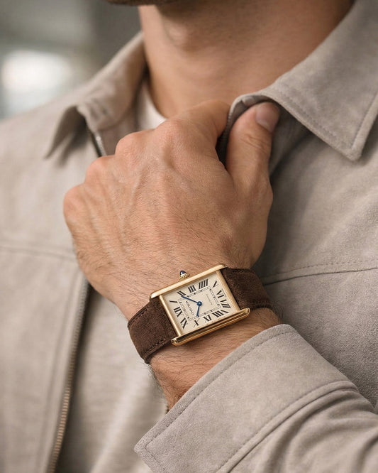 Wet Earth__Premium Leather Watch Strap in brown coloured Goat Suede for Cartier Tank XL Gold in 23mm lug width