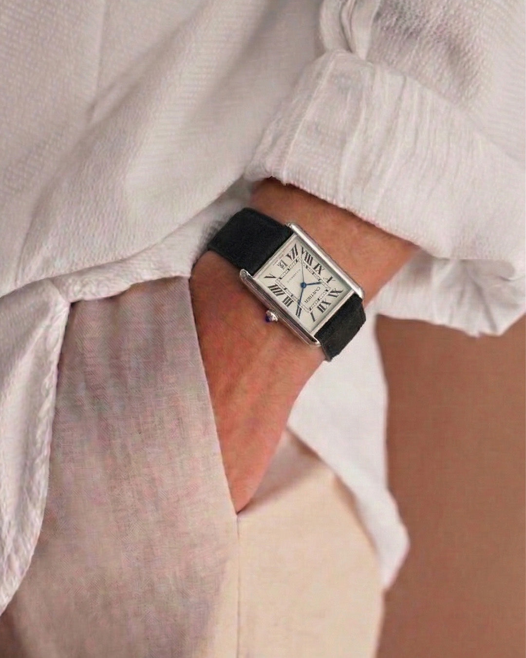 Winter Night__Premium leather Watch Strap in Goat Suede leather Black Colour for Cartier Tank Must watch with Silver SS Finish Buckle