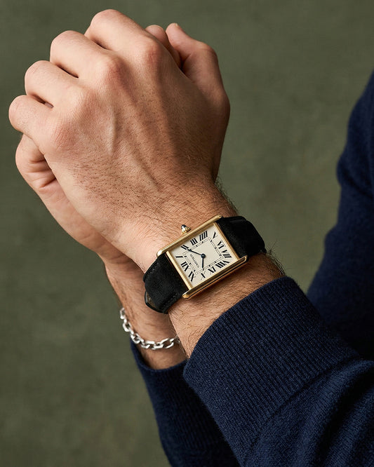 Winter Night__Premium leather Watch Strap in Goat Suede leather Black Colour for Cartier Tank Must golden case watch with Gold SS Finish Buckle