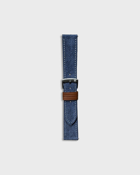 Indigo Denim__Blue denim Italian Leather watch strap with brown leather keepers 18mm, 20mm, 22mm
