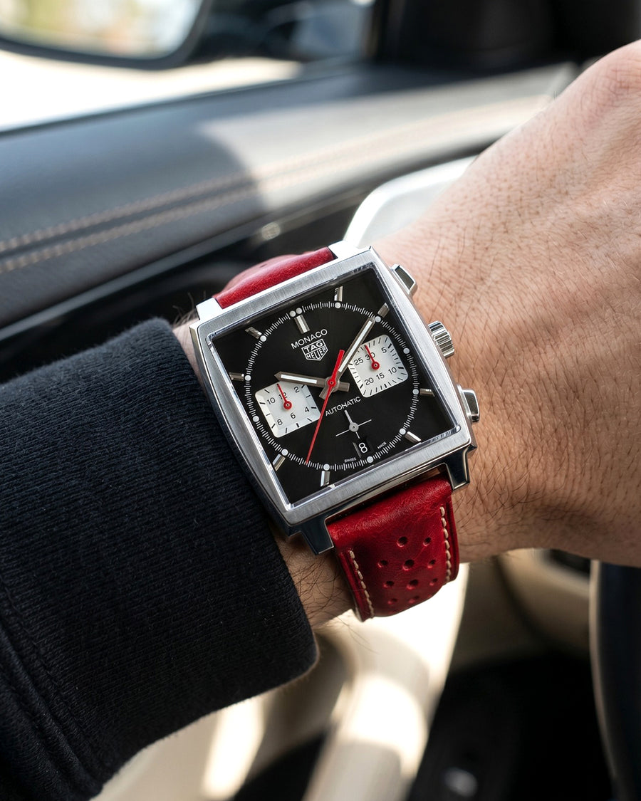 MONACO (Evening Red)__Racer Style Red Italian Aniline leather watch strap in Sizes 20mm / 22mm