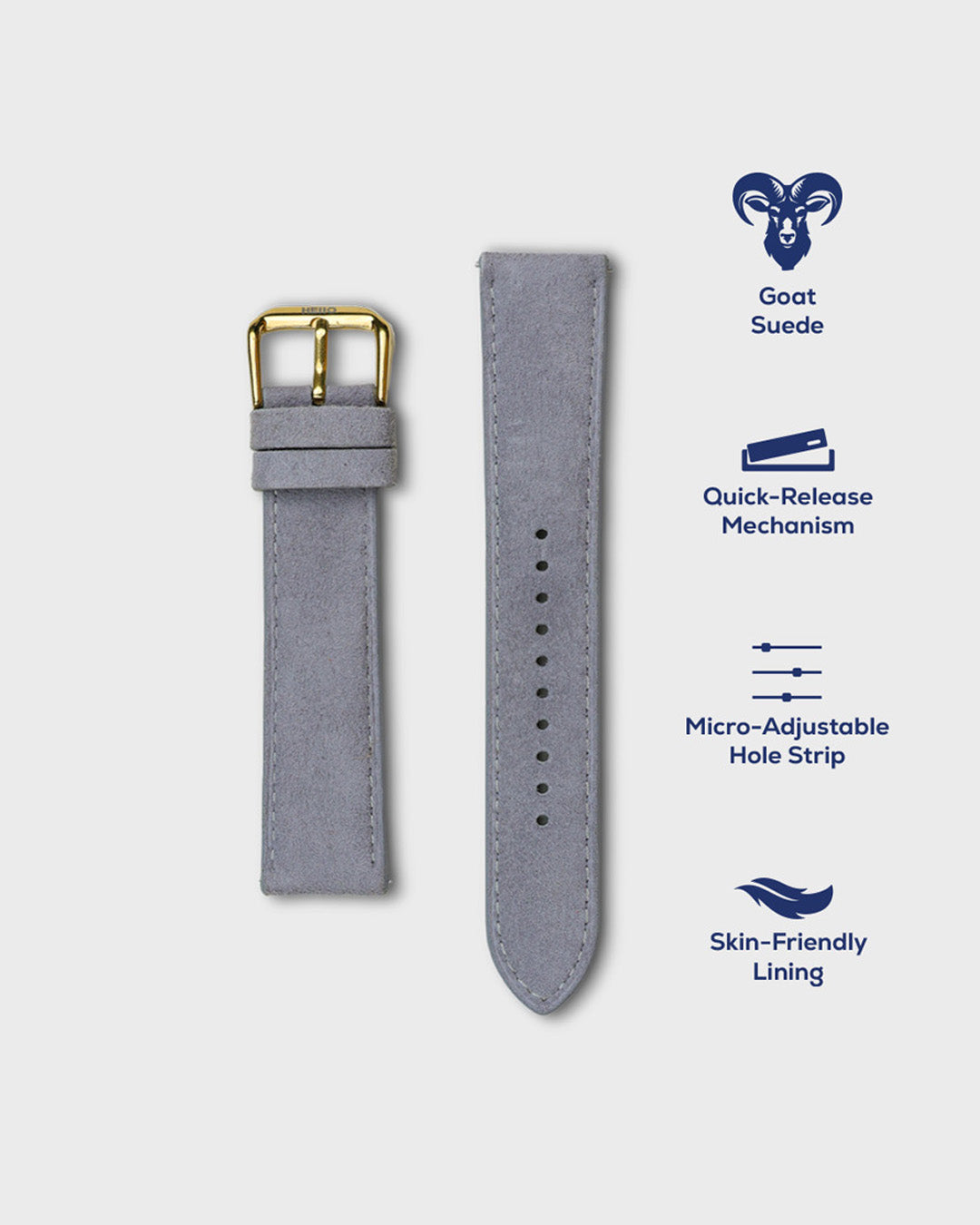 Monsoon Sky__Suede Italian Leather Watch Strap 22mm with Gold plated Stainless Steel Buckle