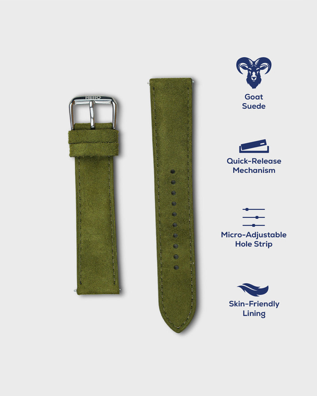 Olive Moss__ green 21mm strap for watches in Goat Suede Leather