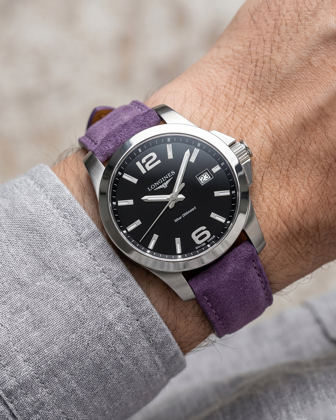 Wild Lilac__Goat Suede Leather watch strap in Lilac (Purple) colour on Longines watch available in sizes 18mm, 19mm, 20mm, 21mm, 22mm