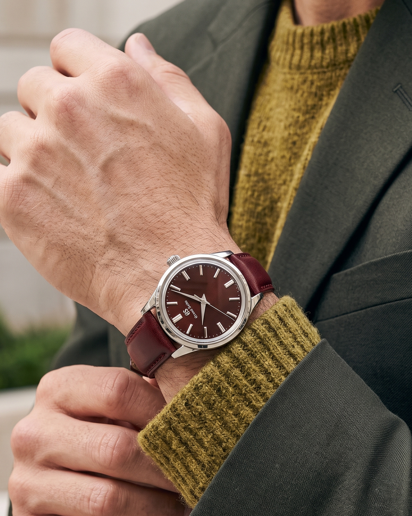 Burgundy__Italian Aniline Leather Dress watch strap in Maroon colour on Grand Seiko