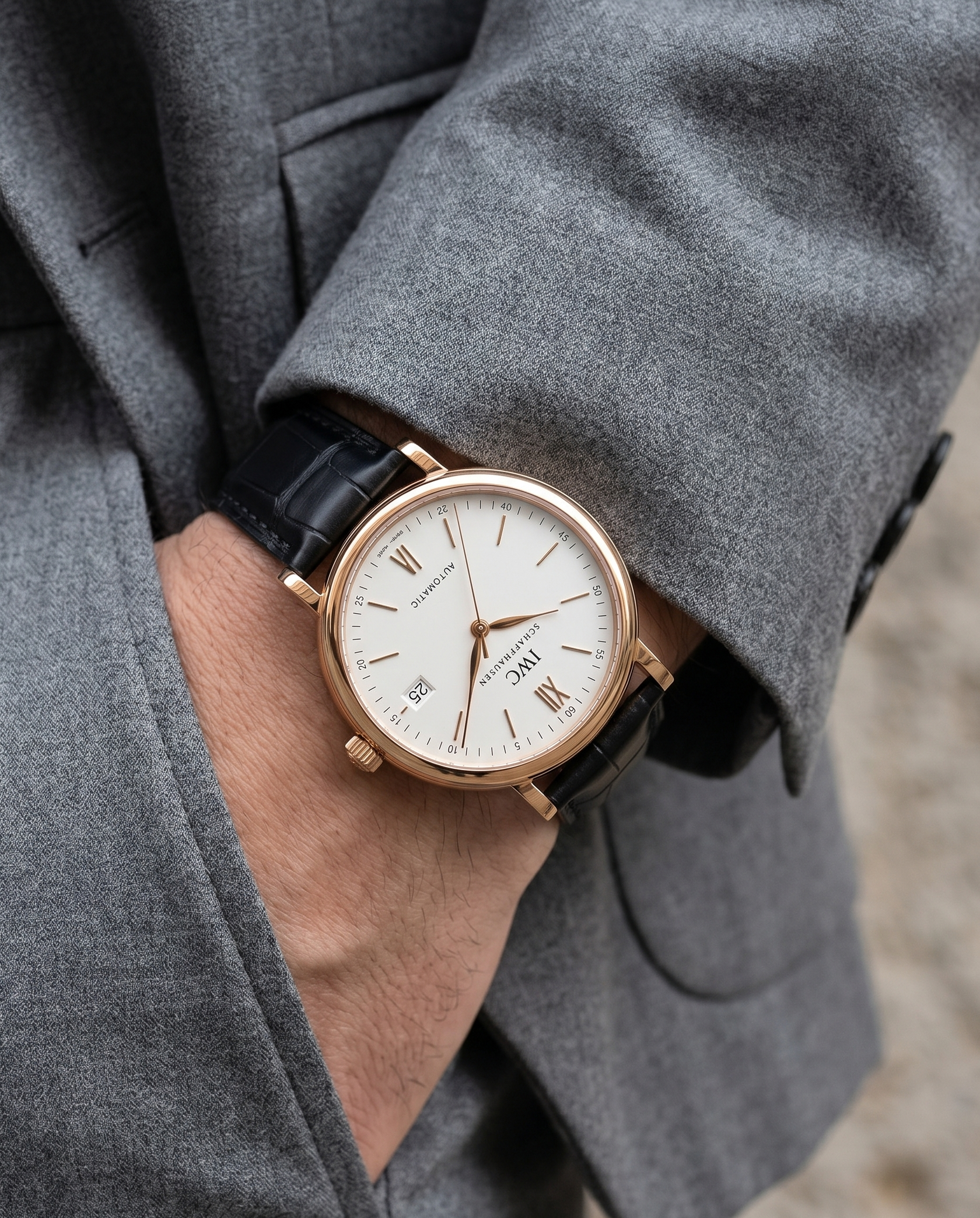 Sharp Tuxedo with Grey Lining__Croc Print Italian Leather Watch Strap in black colour for Luxury Dress Watches Lug width sizes : 18mm, 19mm, 20mm, 22mm