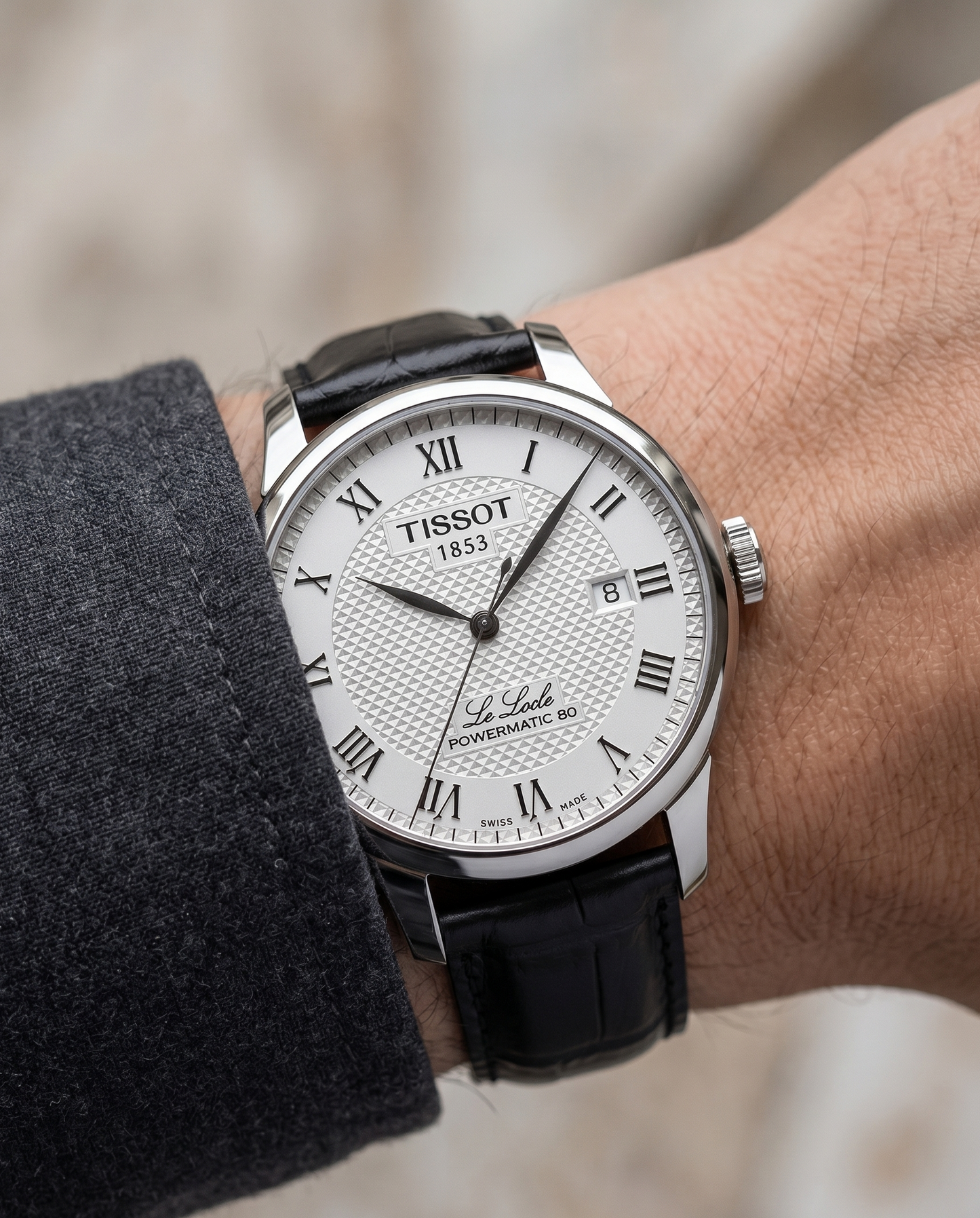 Sharp Tuxedo with Red Lining__Croc Print Italian Leather Watch Strap in black color for Luxury Dress Watches Lug width sizes : 18mm, 19mm, 20mm, 22mm