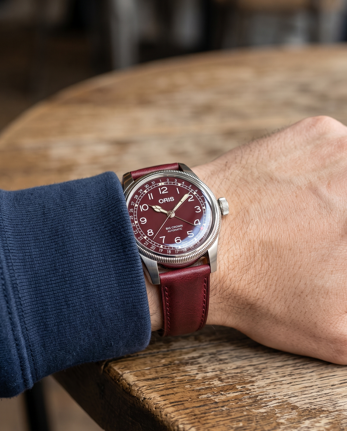 Burgundy__Italian Aniline Leather Dress watch strap in Maroon colour on Oris Watch