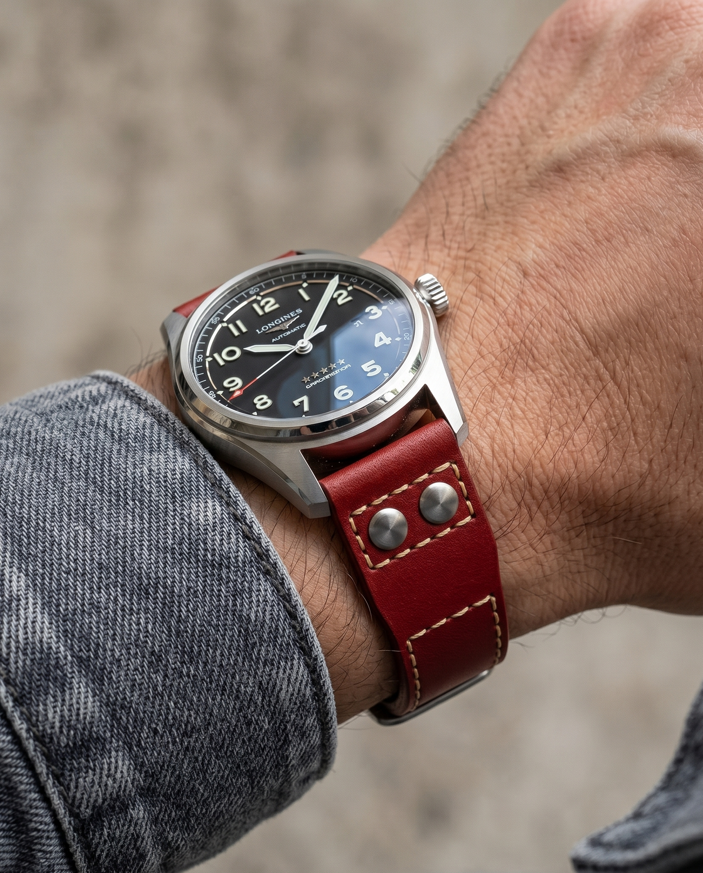 AC/DC (Thundering Red)__Pilot Style Leather Watch Strap in Veg Tan Italian Leather Red colour 20mm & 22mm Size