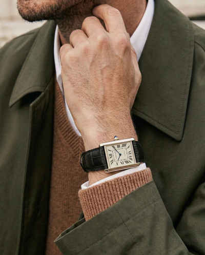 Crocodile print Italian leather watch strap on Cartier tank