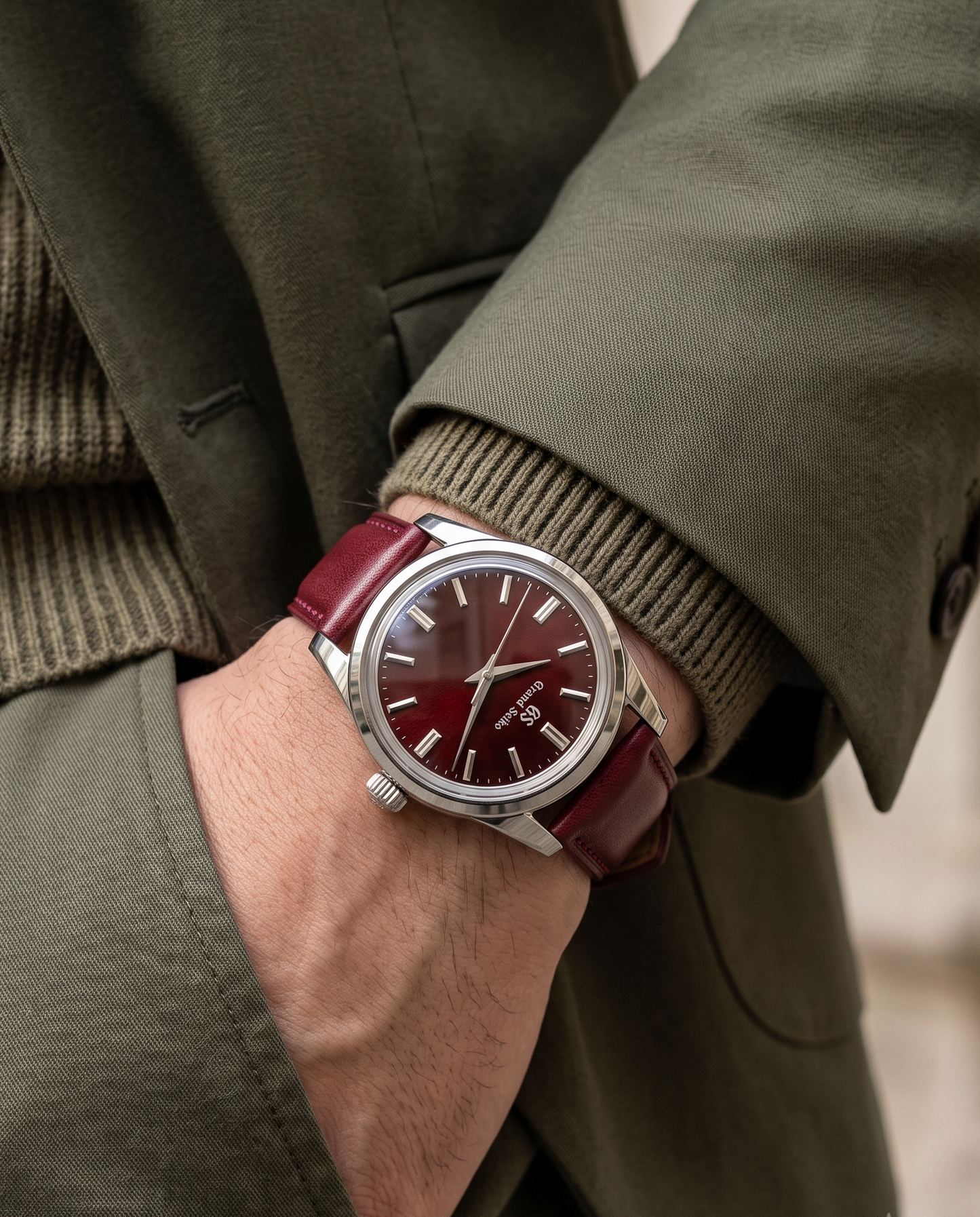 Burgundy__Italian Aniline Leather Dress watch strap in Maroon colour on Grand Seiko
