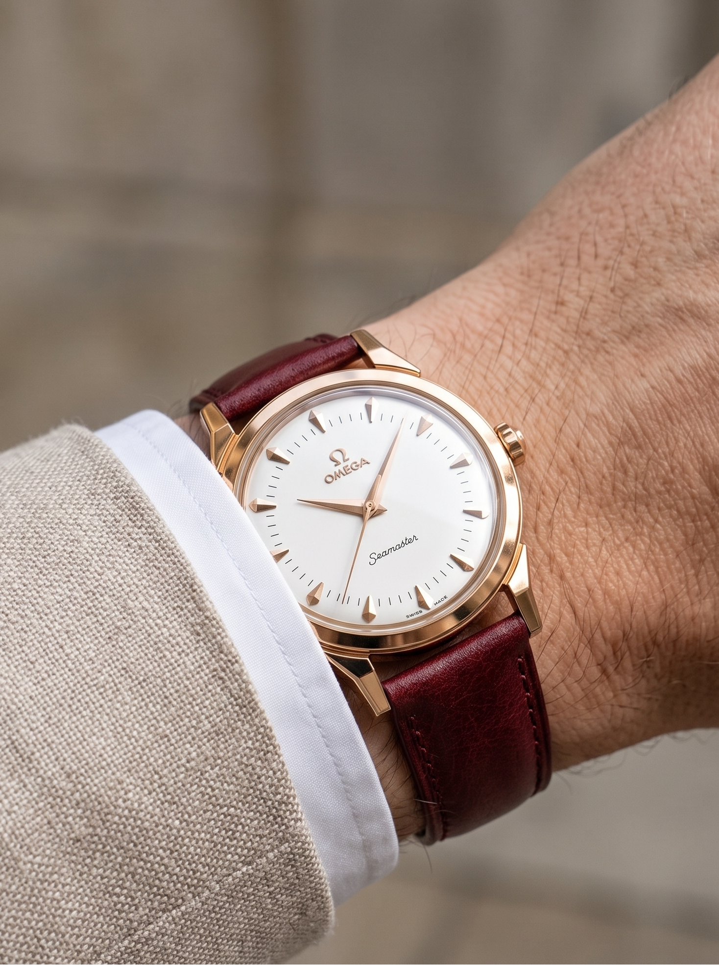 Burgundy__Italian Aniline Leather Dress watch strap in Maroon colour on omega watch