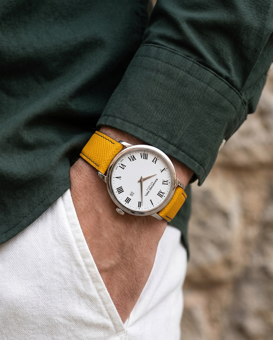Honeycomb Crunch__Yellow Black Epsom Italian Leather Watch strap