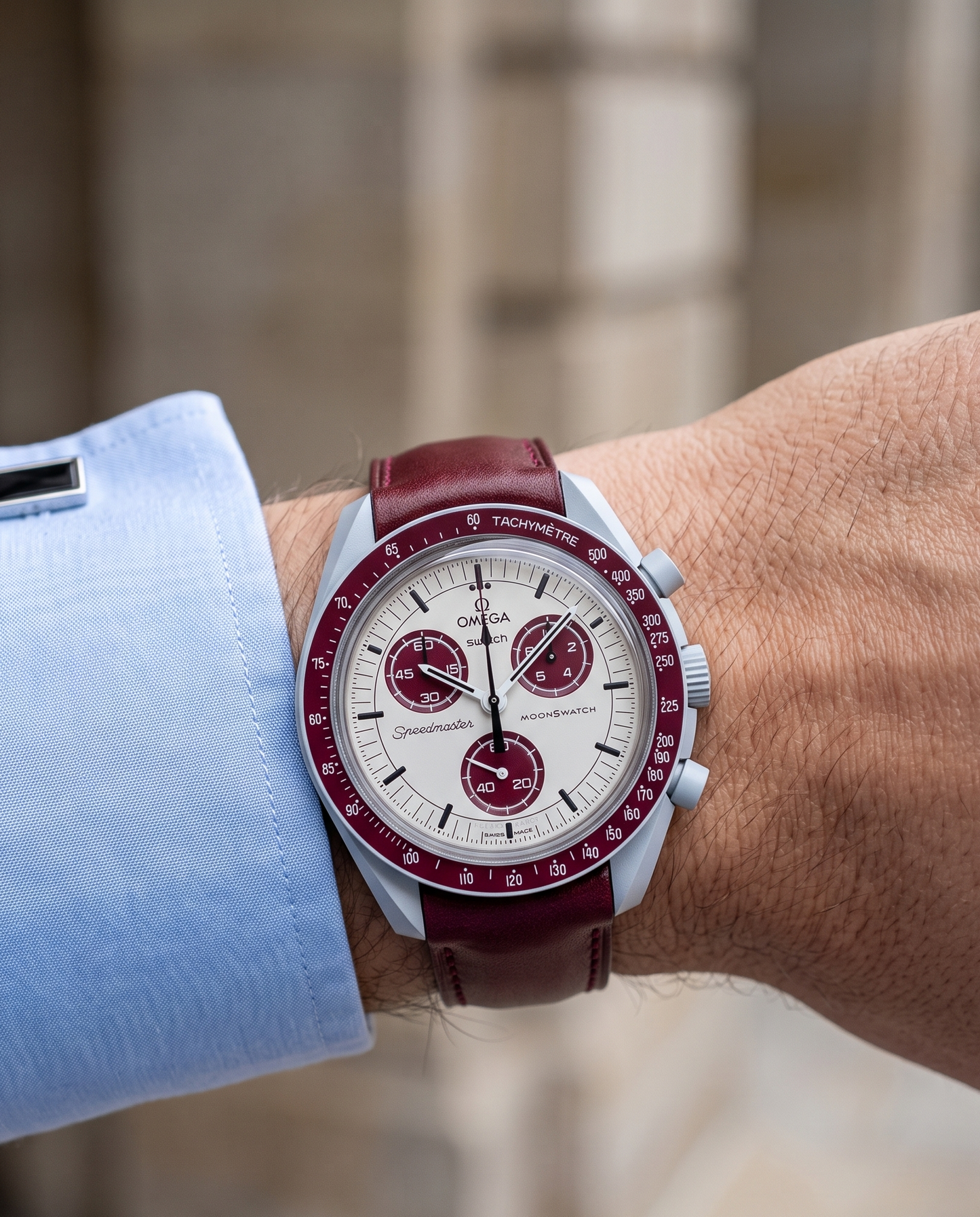 Burgundy__Italian Aniline Leather Dress watch strap in Maroon colour on Omega X Swatch