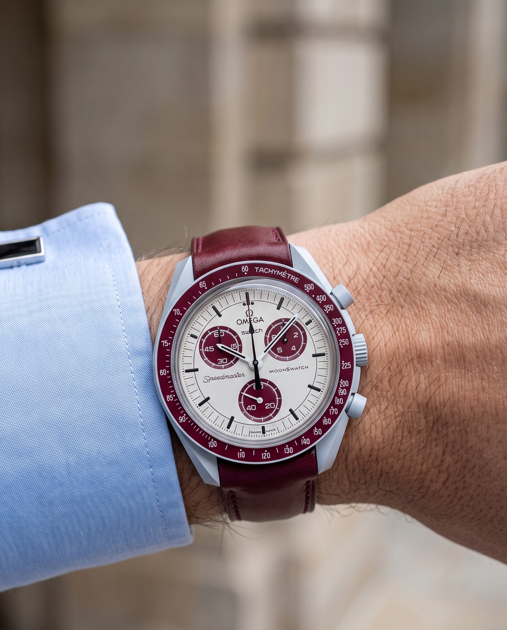 Burgundy__Italian Aniline Leather Dress watch strap in Maroon colour on Omega X Swatch