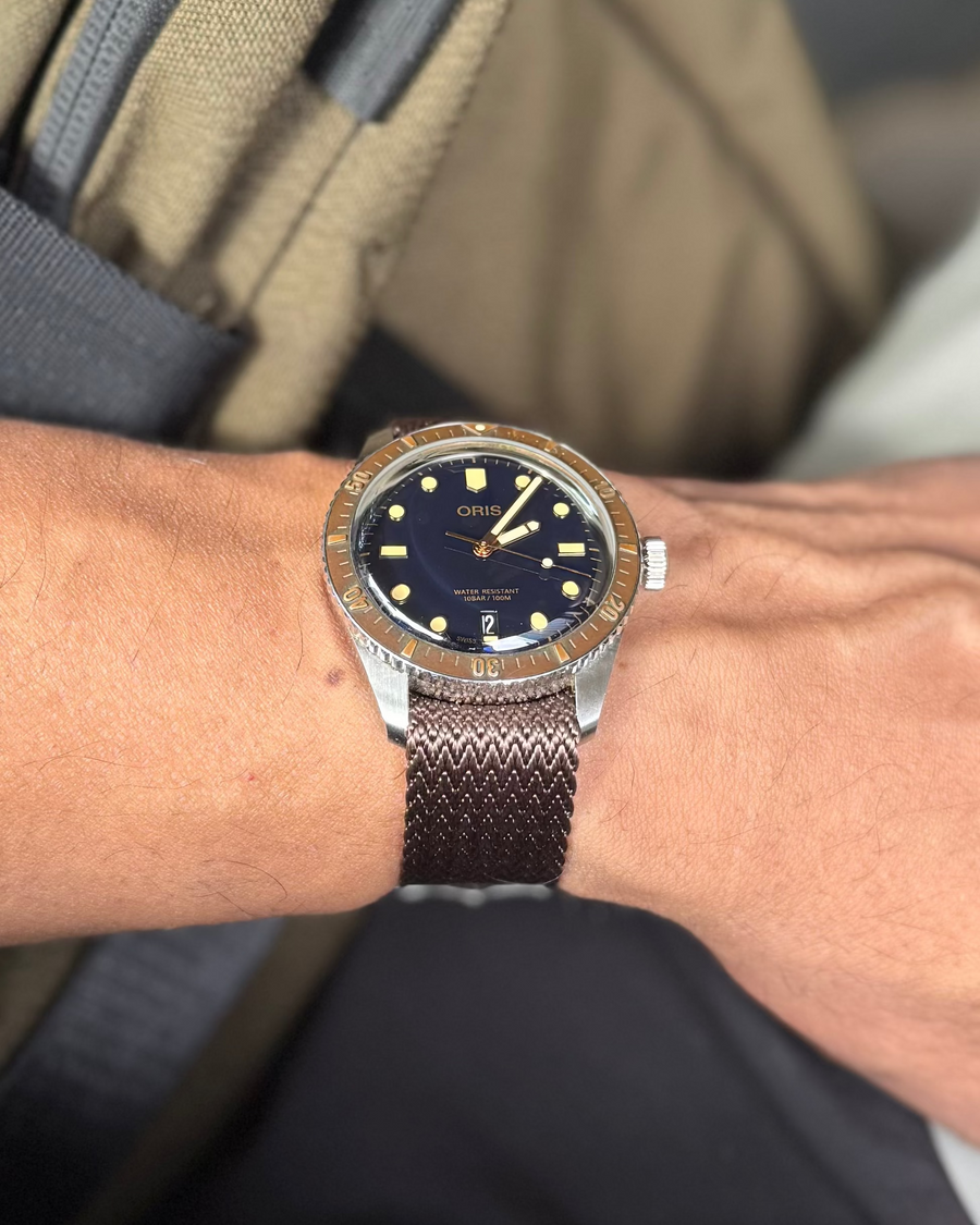 Sandbar Shark__Premium Brown colored Sharktooth pattern nylon NATO Watch strap on Oris in sizes 20mm, 22mm. 100% Vegan watch strap