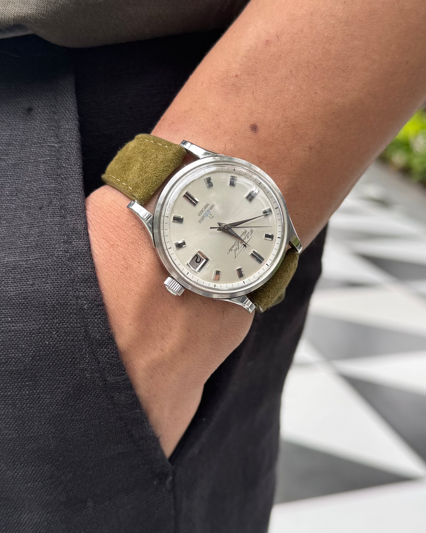 Olive Moss__ green 21mm strap for watches in Goat Suede Leather