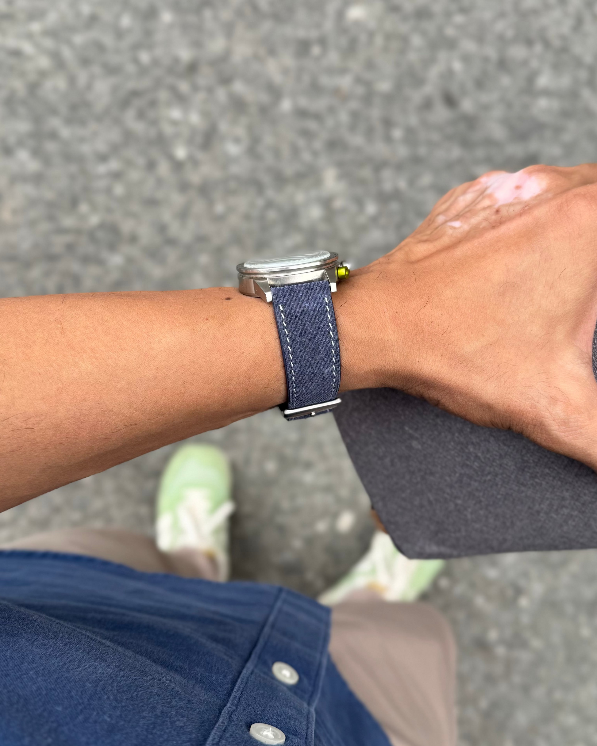 Indigo Denim__Blue denim Italian Leather watch strap with brown leather keepers 18mm, 20mm, 22mm