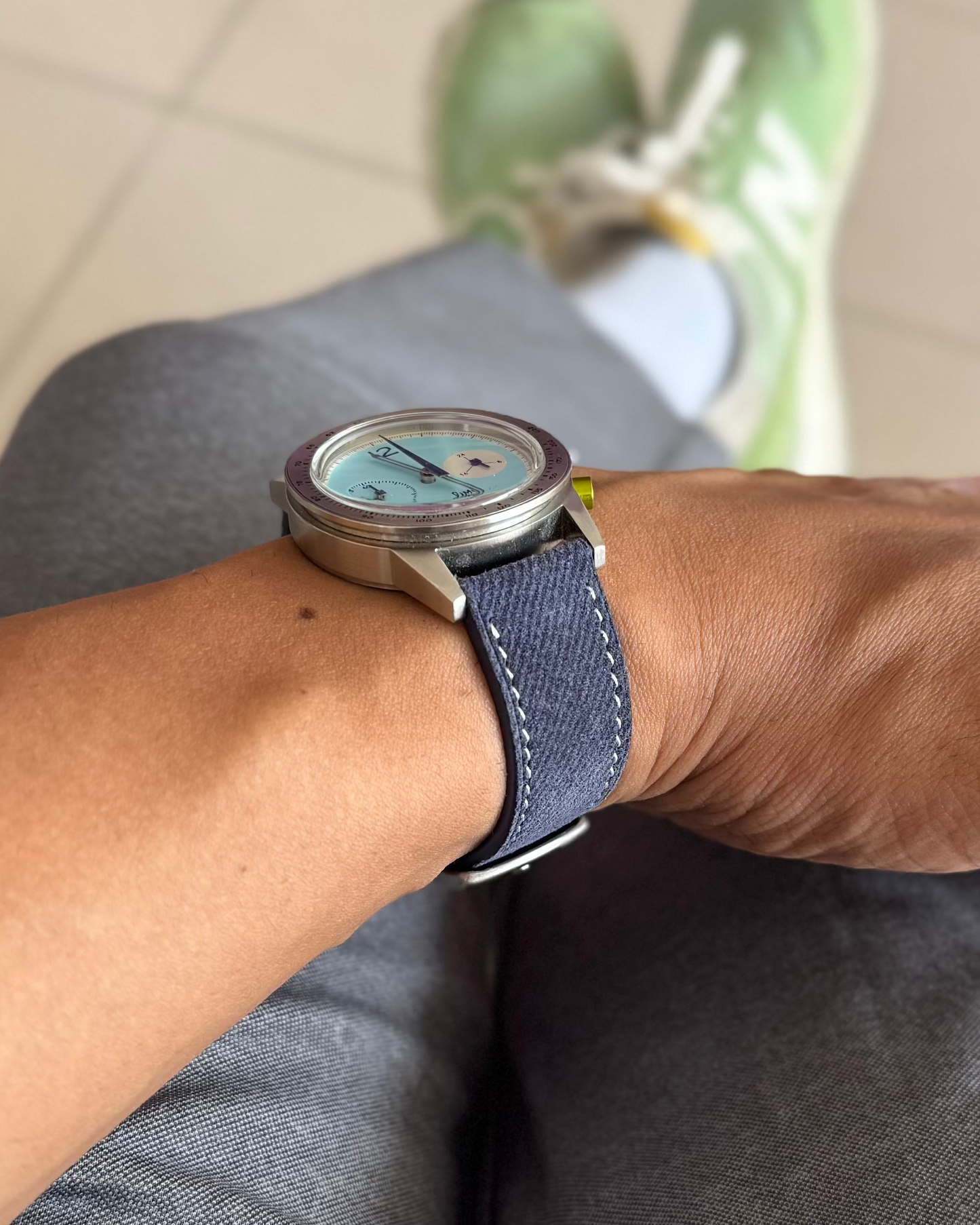 Indigo Denim__Blue denim Italian Leather watch strap with brown leather keepers 18mm, 20mm, 22mm