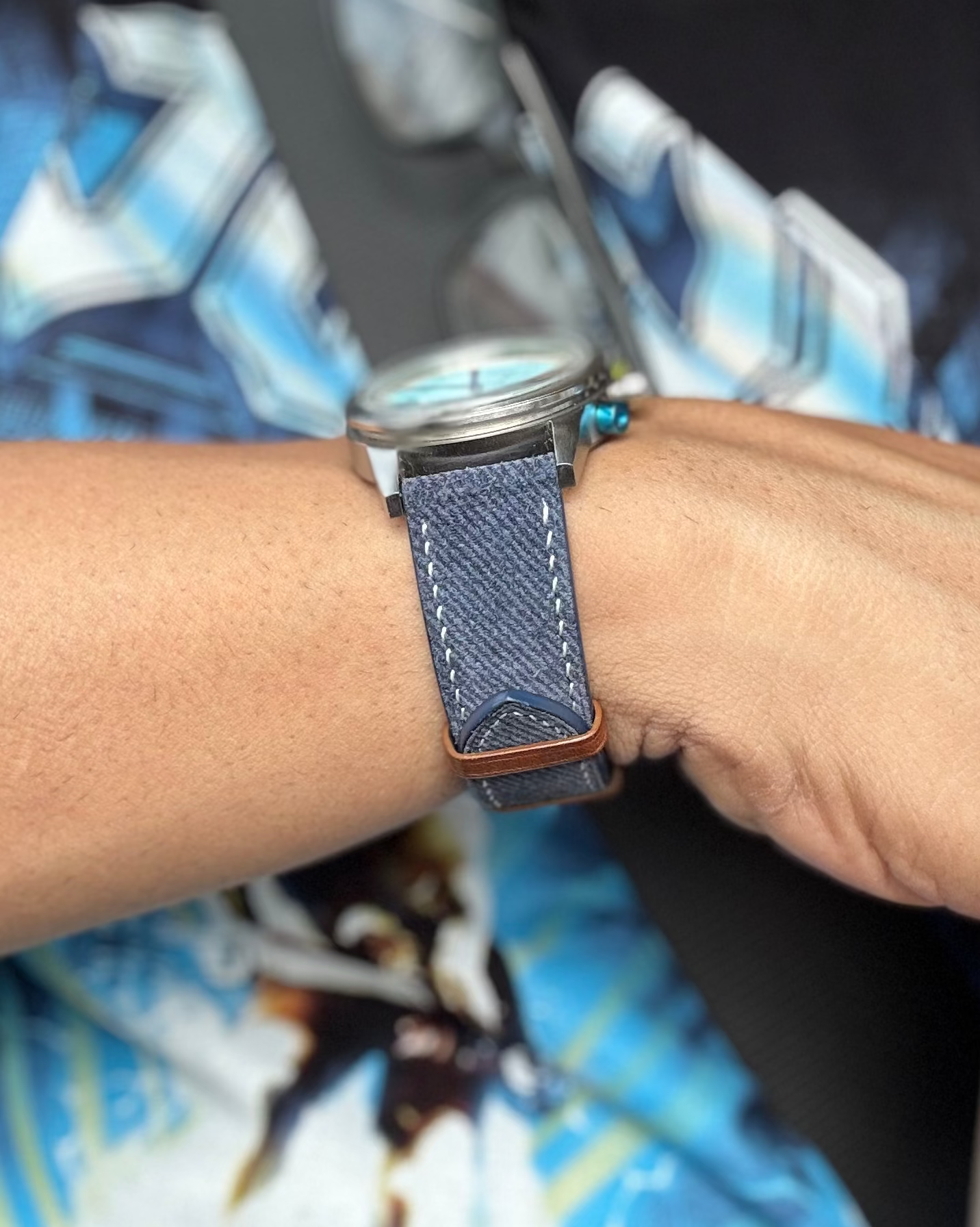 Indigo Denim__Blue denim textured Italian Leather watch strap with brown leather keepers 18mm, 20mm, 22mm