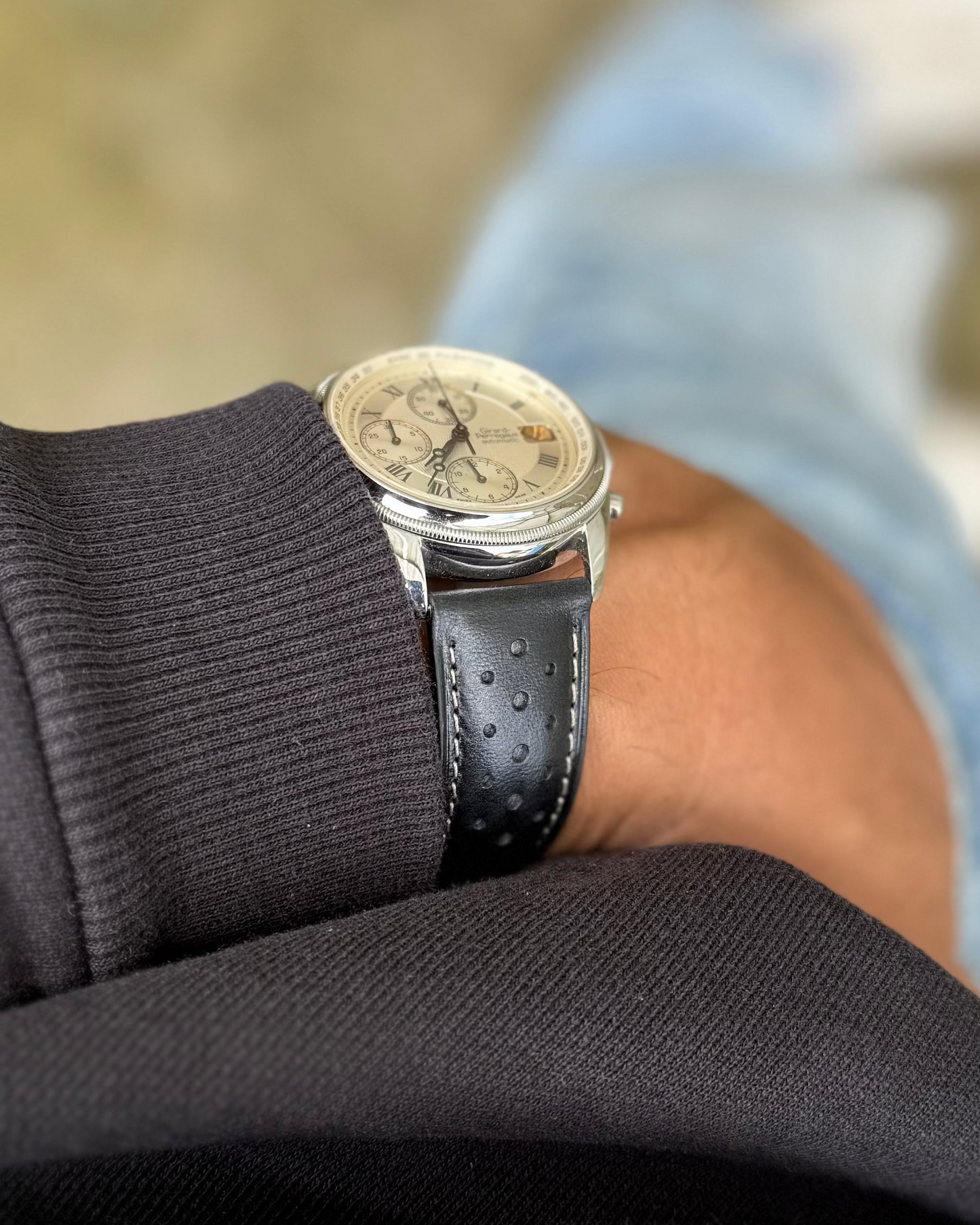 IMOLA (Black)__Black leather watch strap_Racer Style_20mm / 22mm