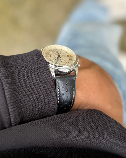 IMOLA (Black)__Black leather watch strap_Racer Style_20mm / 22mm