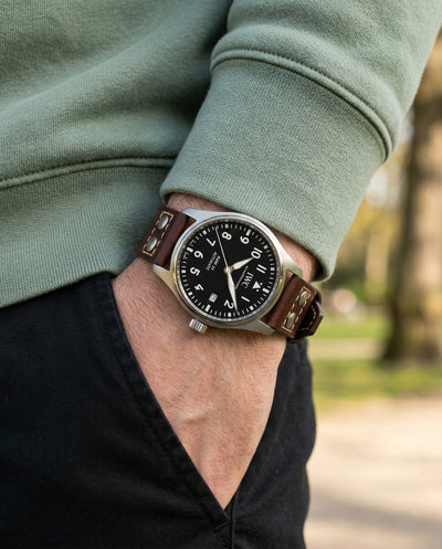 LED ZEP (Classic Brown)__Pilot Style Leather Watch Strap in Veg Tan Italian Leather Black colour 20mm & 22mm Size