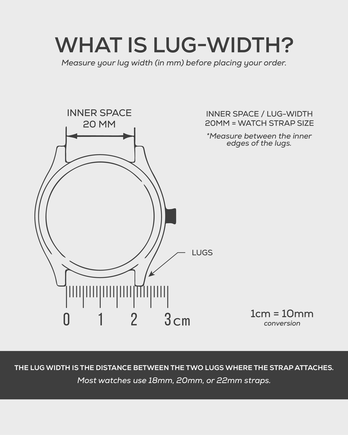 What is lug width: measure between the inner edges of the lugs, in millimetres. Most watches use 18mm, 20mm or 22mm straps.