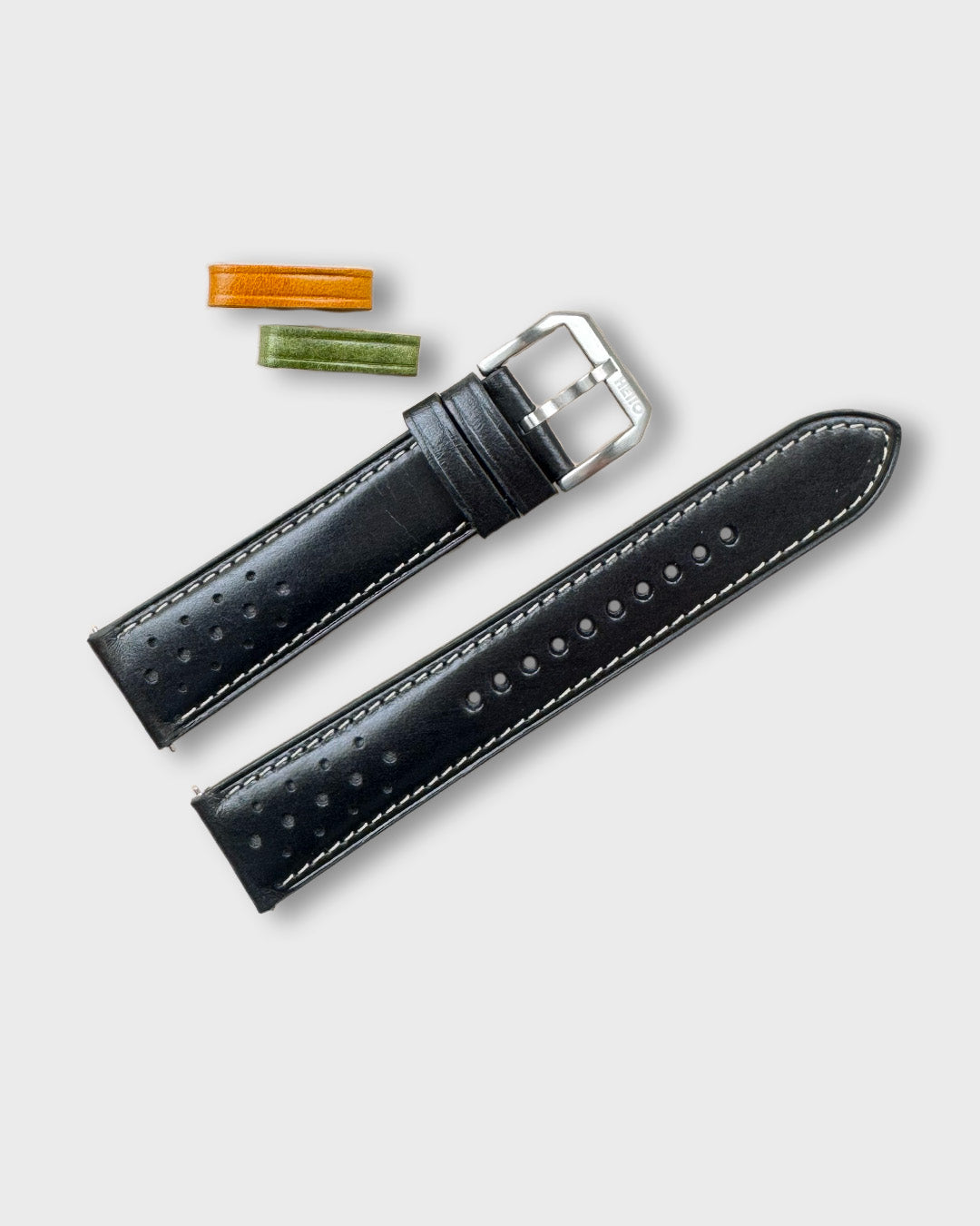IMOLA (Black)__Black leather watch strap_Racer Style_20mm / 22mm