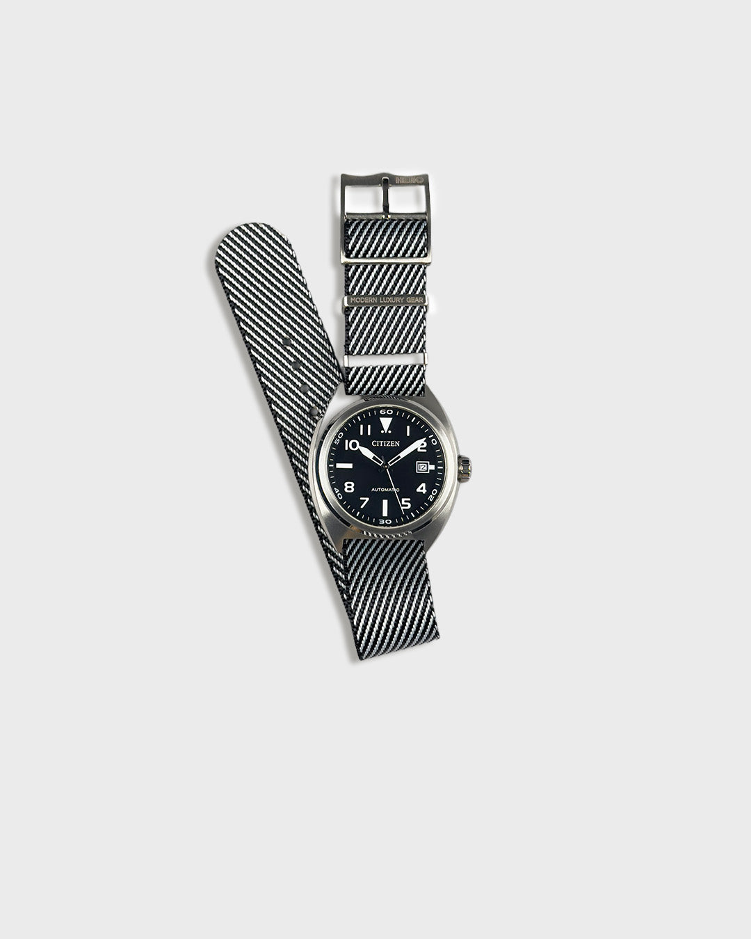 Service Black__Twill Nylon fabric NATO watch strap in Black & white stripes, sizes 20mm & 22mm