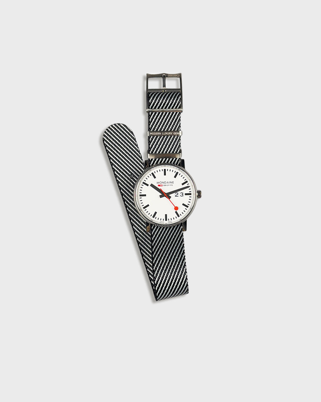 Service Black__Twill Nylon fabric NATO watch strap in Black & white stripes, sizes 20mm & 22mm On Mondaine watch