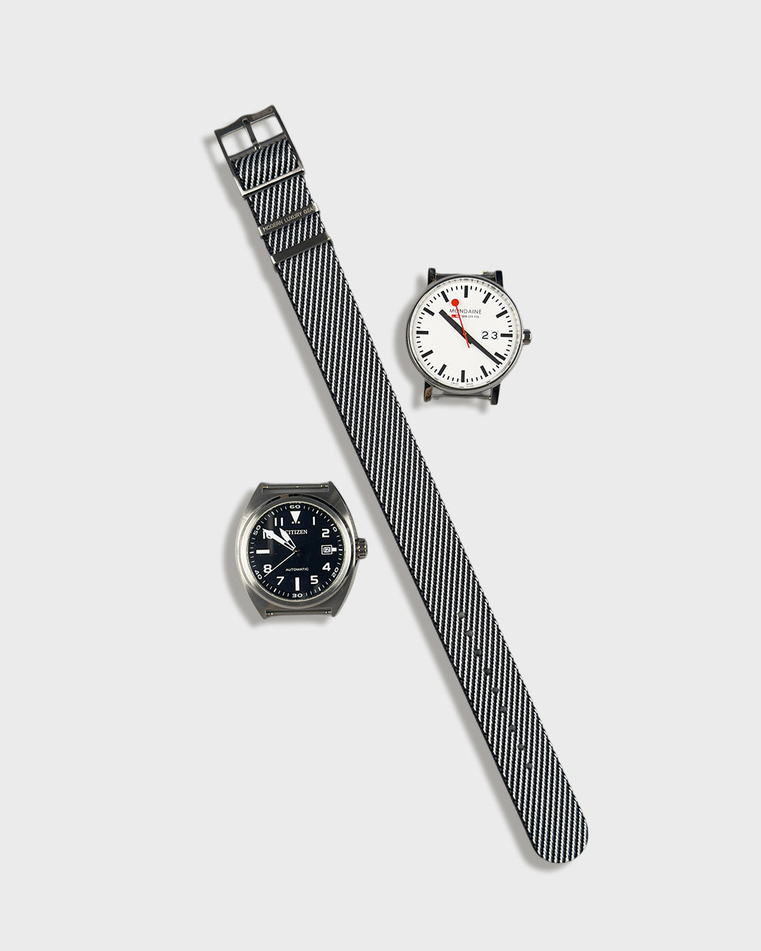 Service Black__Twill Nylon fabric NATO watch strap in Black & white stripes, sizes 20mm & 22mm