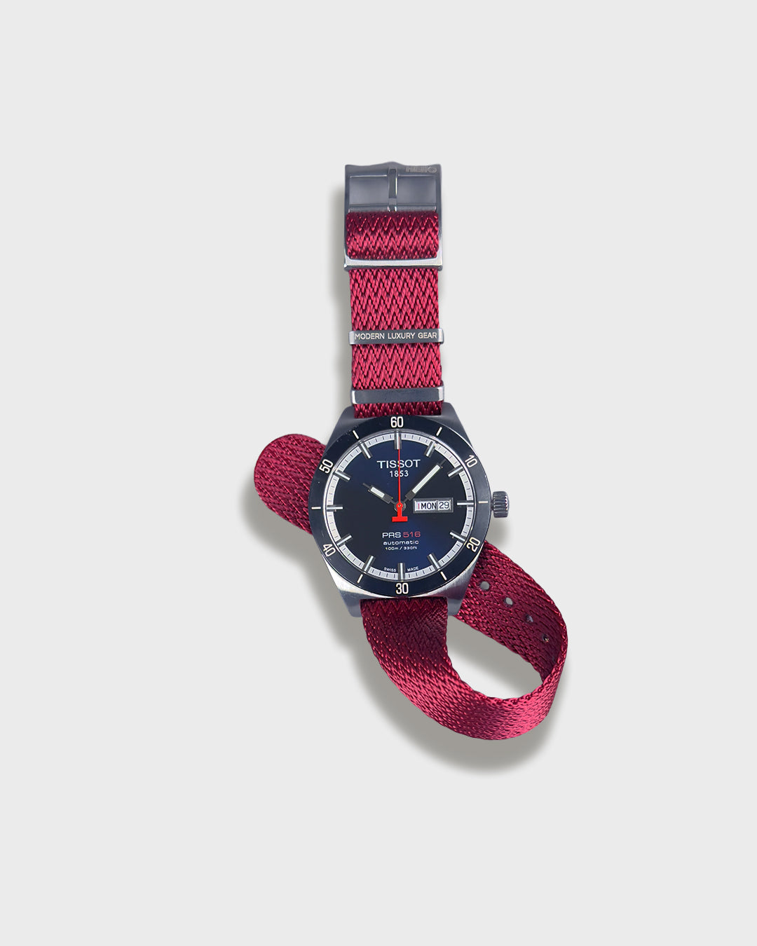 Redtail Shark__ Red coloured NATO nylon fabric Sharktooth pattern watch strap on Tissot watch