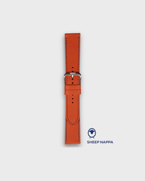 CARROT ORANGE__Orange colored napa leather watch strap in blue stitch 18mm, 19mm, 20mm, 21mm, 22mm